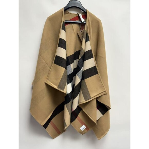 Burberry Women’s Charlotte Reversible Solid Check Wool Cape Camel 4029406 - Picture 4 of 10
